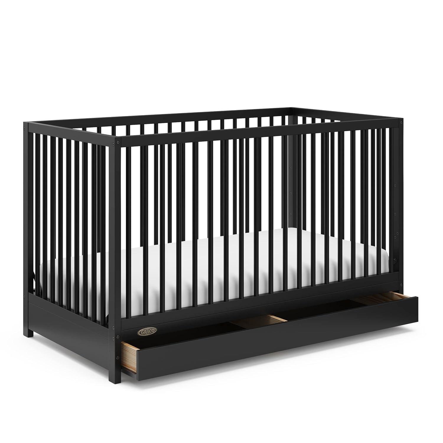 imageGraco Teddi 4in1 Convertible Mini Crib with Bonus WaterResistant Mattress Driftwood GREENGUARD Gold Certified 275Inch Mattress Included Ideal for Small Spaces Easy 30Minute AssemblyBlack