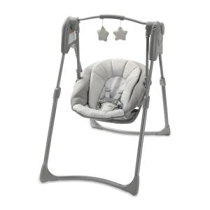 Graco Slim Spaces Compact Baby Swing, Space Saving Portable Bay Swing with Height Adjustable Legs & Soft Toys, Reign