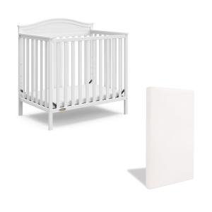 Graco Stella 4-in-1 Convertible Mini Crib with Bonus Mattress (Driftwood) – Includes Bonus 2.75 Inch Thick Mattress with Water-Resistant Cover, Converts to Twin Bed, Ideal Crib for Small Spaces(White)