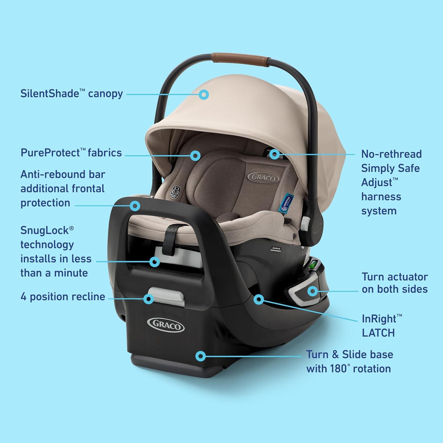 imageGraco SnugRide Turn ampamp Slide Infant Car Seat Rear Facing Rotating Car Seat with Base for 430 lbs with 180 Degree Turn for Easy Access Lightweight Carseat with SnugLock Technology Sandstone