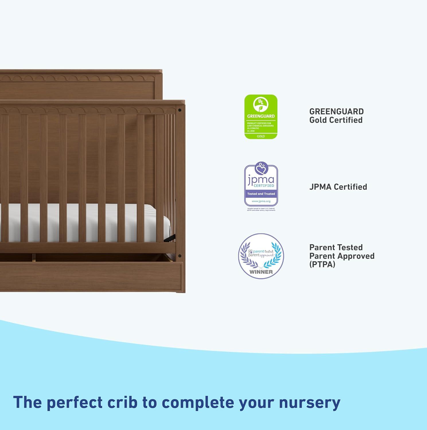 imageGraco Sasha 5in1 Convertible Crib with Drawer Frosted Oat GREENGUARD Gold Certified Wood Crib Converts to Toddler Bed Daybed FullSize Bed Stylish Classic DesignHazelnut