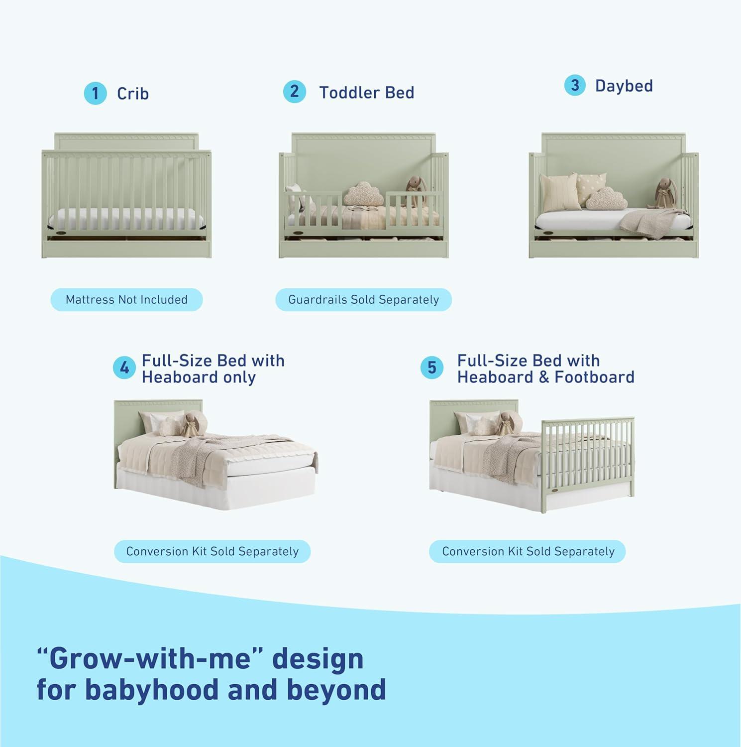 imageGraco Sasha 5in1 Convertible Crib with Drawer Frosted Oat GREENGUARD Gold Certified Wood Crib Converts to Toddler Bed Daybed FullSize Bed Stylish Classic DesignSage