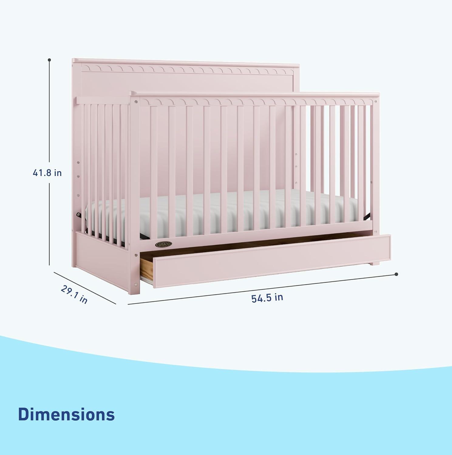 imageGraco Sasha 5in1 Convertible Crib with Drawer Frosted Oat GREENGUARD Gold Certified Wood Crib Converts to Toddler Bed Daybed FullSize Bed Stylish Classic DesignBlush