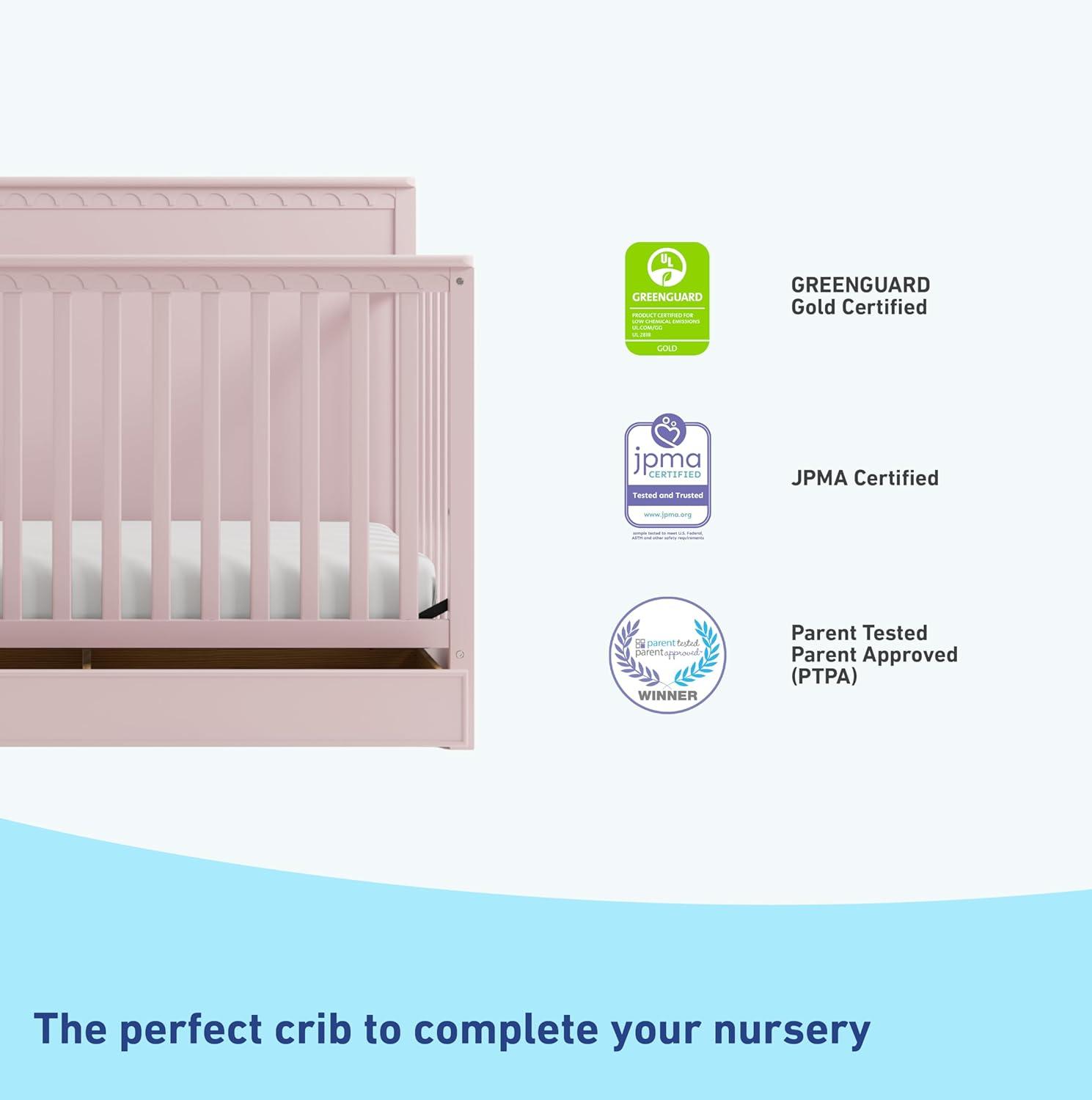 imageGraco Sasha 5in1 Convertible Crib with Drawer Frosted Oat GREENGUARD Gold Certified Wood Crib Converts to Toddler Bed Daybed FullSize Bed Stylish Classic DesignBlush