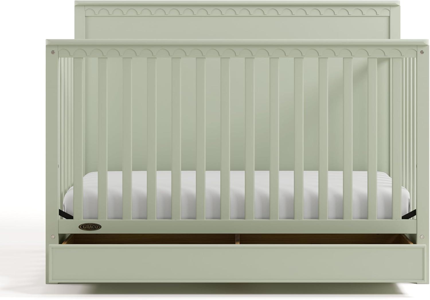 imageGraco Sasha 5in1 Convertible Crib with Drawer Frosted Oat GREENGUARD Gold Certified Wood Crib Converts to Toddler Bed Daybed FullSize Bed Stylish Classic DesignSage