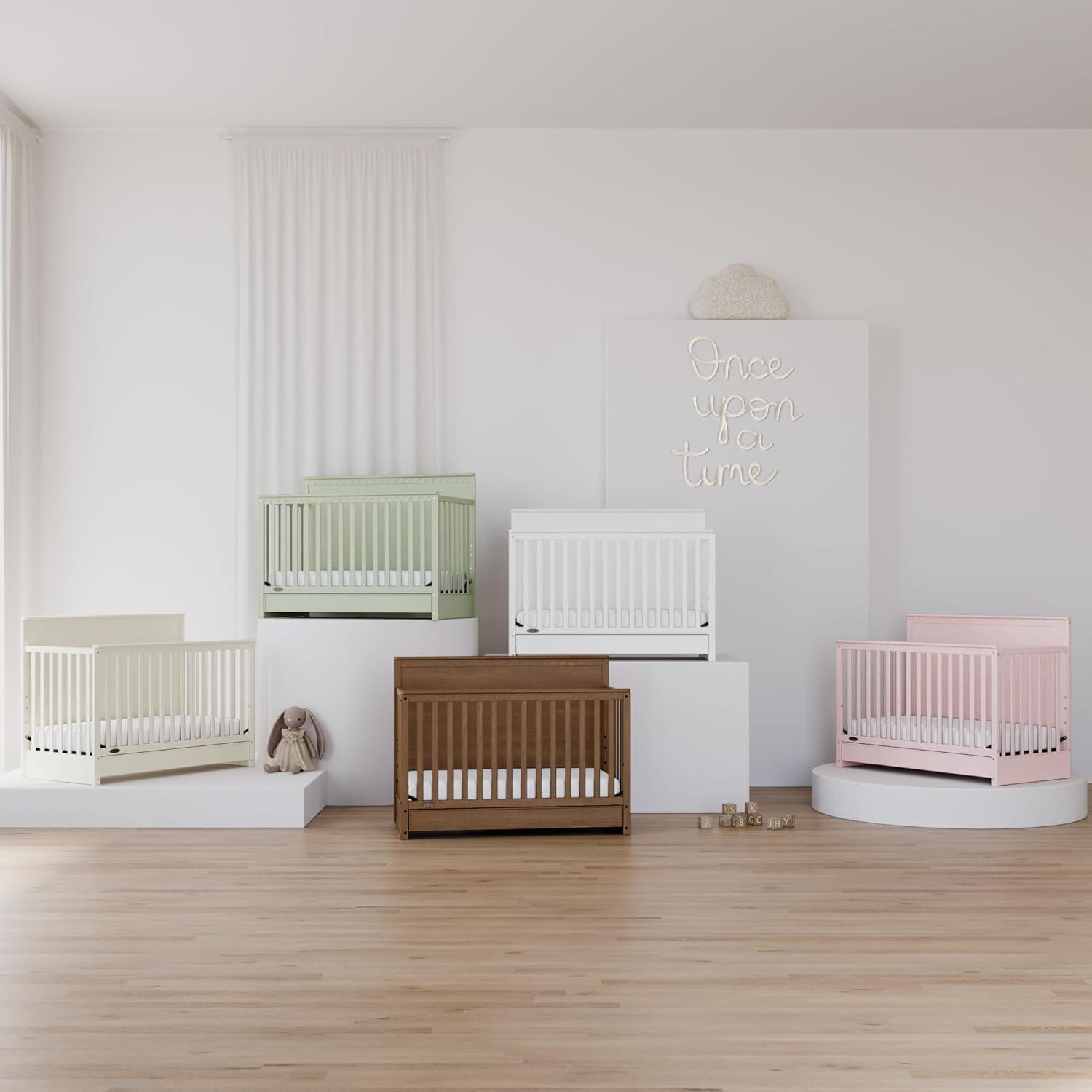 imageGraco Sasha 5in1 Convertible Crib with Drawer Frosted Oat GREENGUARD Gold Certified Wood Crib Converts to Toddler Bed Daybed FullSize Bed Stylish Classic DesignSage