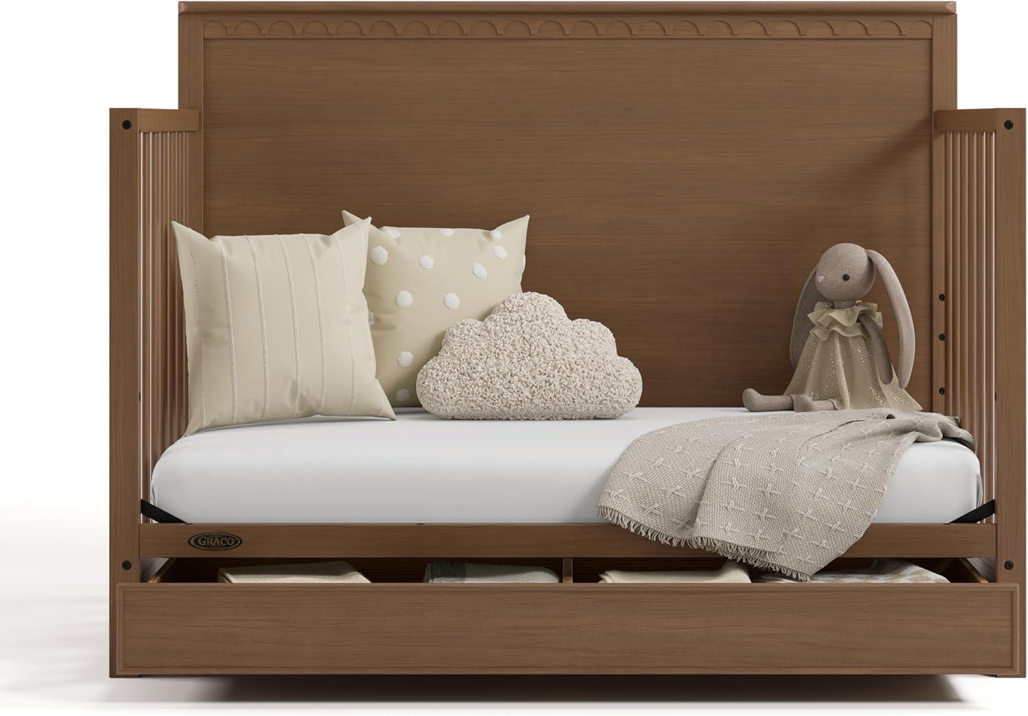 imageGraco Sasha 5in1 Convertible Crib with Drawer Frosted Oat GREENGUARD Gold Certified Wood Crib Converts to Toddler Bed Daybed FullSize Bed Stylish Classic DesignHazelnut