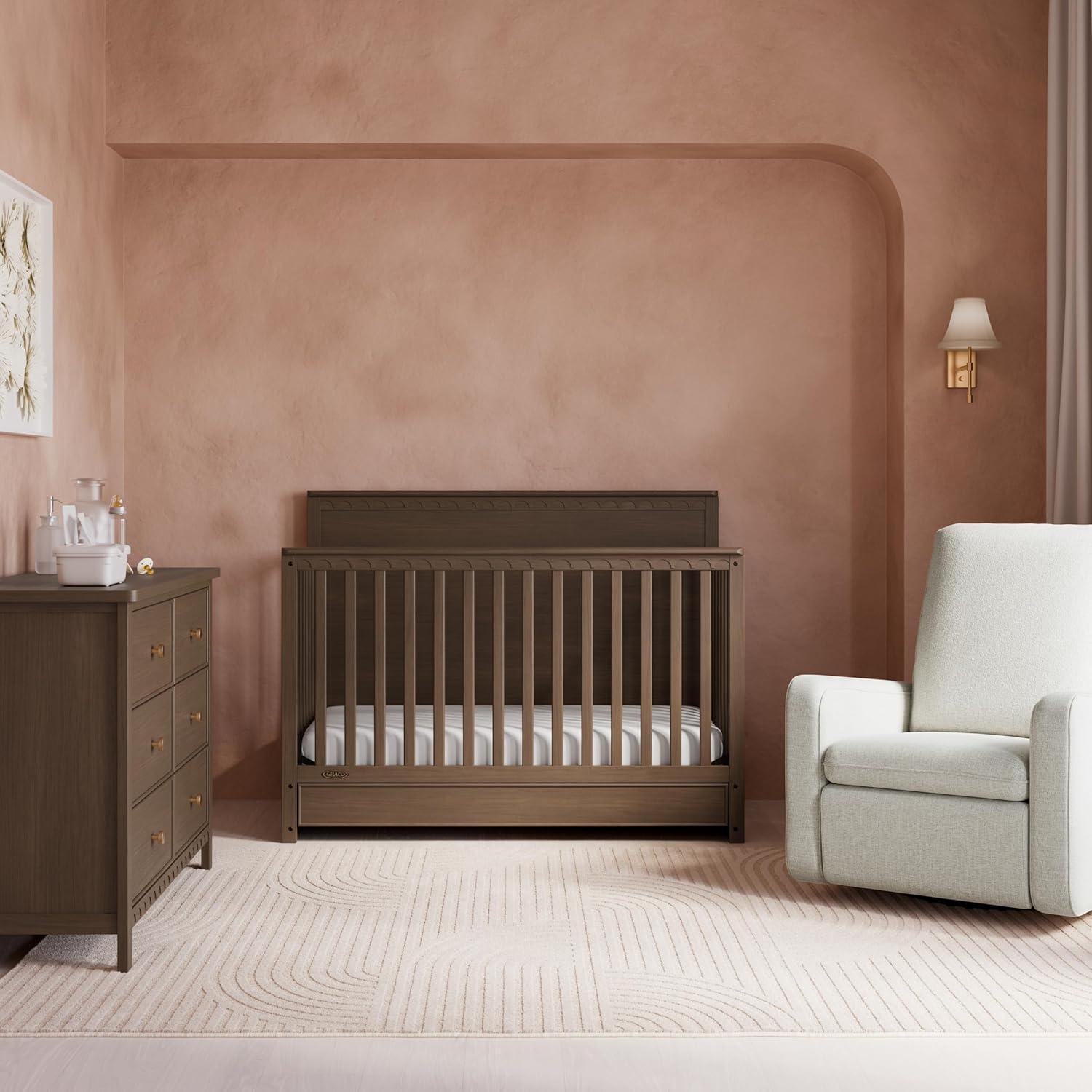 imageGraco Sasha 5in1 Convertible Crib with Drawer Frosted Oat GREENGUARD Gold Certified Wood Crib Converts to Toddler Bed Daybed FullSize Bed Stylish Classic DesignHazelnut