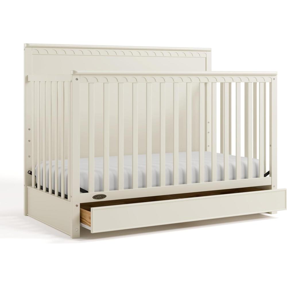 imageGraco Sasha 5in1 Convertible Crib with Drawer Frosted Oat GREENGUARD Gold Certified Wood Crib Converts to Toddler Bed Daybed FullSize Bed Stylish Classic DesignFroasted Oat