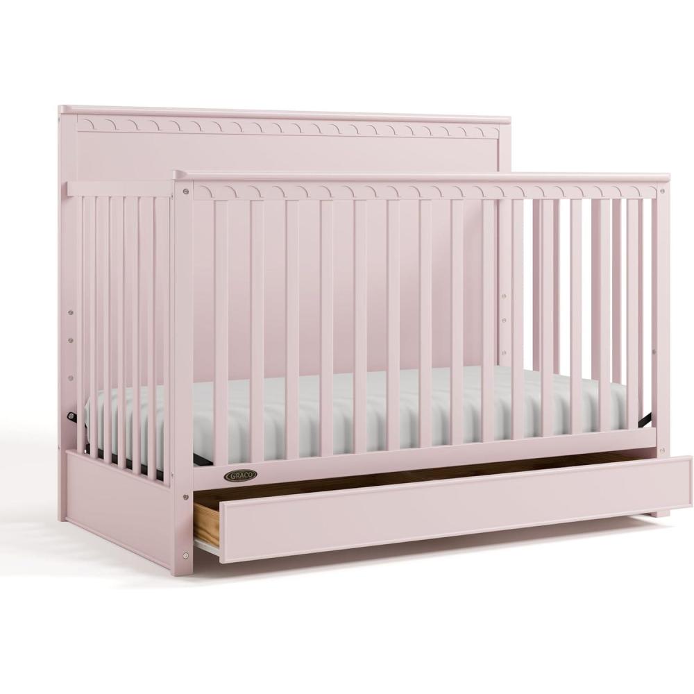 imageGraco Sasha 5in1 Convertible Crib with Drawer Frosted Oat GREENGUARD Gold Certified Wood Crib Converts to Toddler Bed Daybed FullSize Bed Stylish Classic DesignBlush