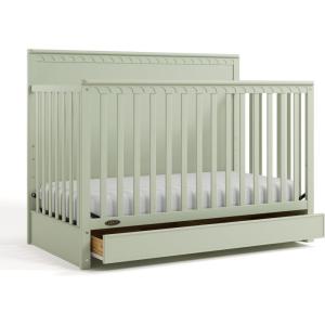 Graco Sasha 5-in-1 Convertible Crib with Drawer (Frosted Oat) – GREENGUARD Gold Certified Wood Crib, Converts to Toddler Bed, Daybed, Full-Size Bed, Stylish Classic Design(Sage)