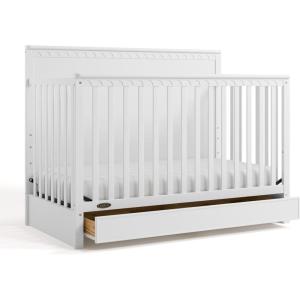 Graco Sasha 5-in-1 Convertible Crib with Drawer (Frosted Oat) – GREENGUARD Gold Certified Wood Crib, Converts to Toddler Bed, Daybed, Full-Size Bed, Stylish Classic Design(White)