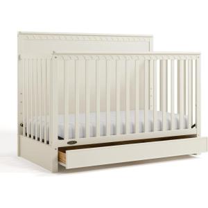 Graco Sasha 5-in-1 Convertible Crib with Drawer (Frosted Oat) – GREENGUARD Gold Certified Wood Crib, Converts to Toddler Bed, Daybed, Full-Size Bed, Stylish Classic Design(Froasted Oat)