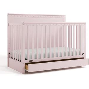 Graco Sasha 5-in-1 Convertible Crib with Drawer (Frosted Oat) – GREENGUARD Gold Certified Wood Crib, Converts to Toddler Bed, Daybed, Full-Size Bed, Stylish Classic Design(Blush)