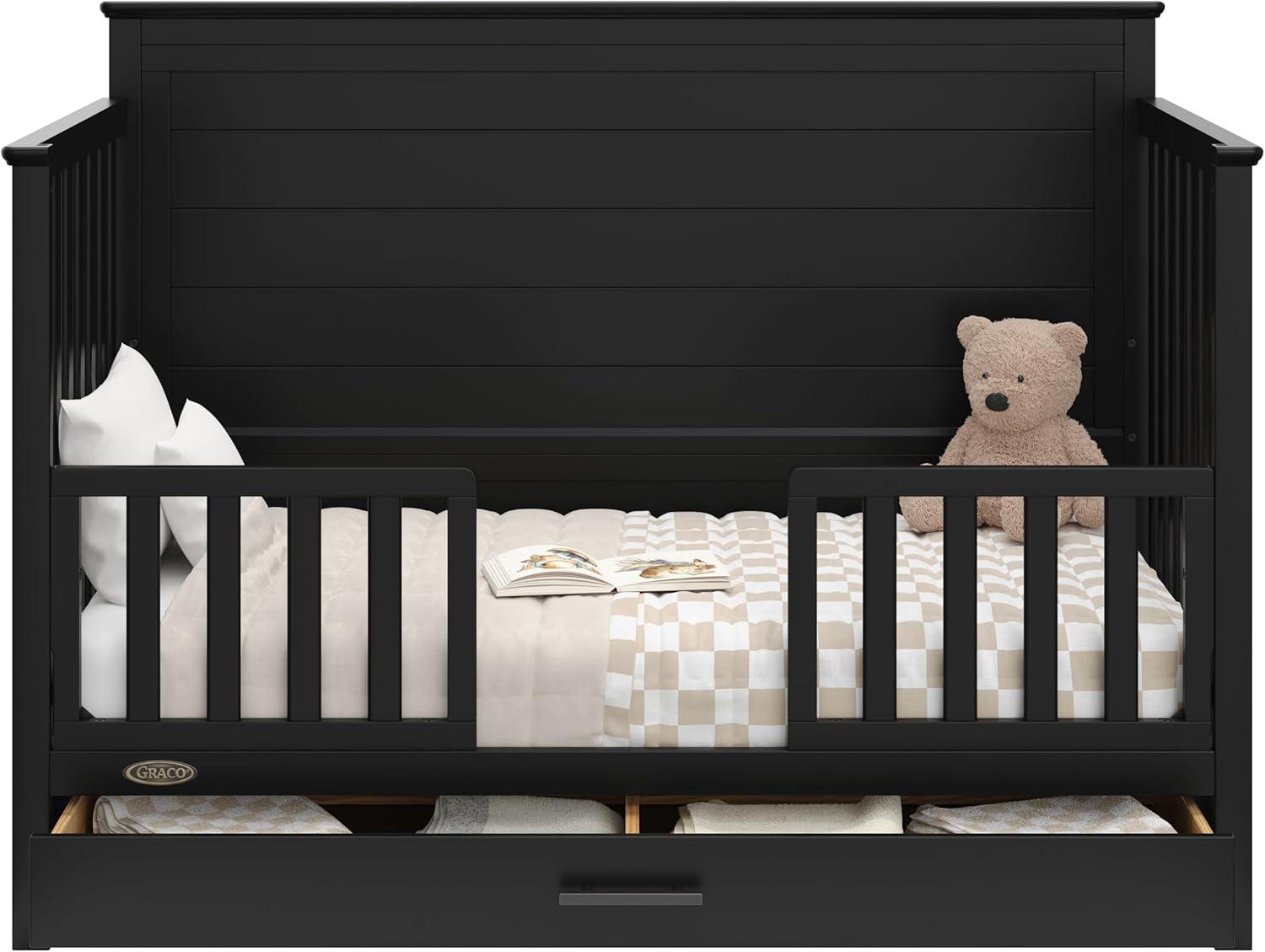 imageGraco Tristan 5in1 Convertible Crib with Drawer Frosted Oat GREENGUARD Gold Certified Fits Standard Crib Mattress Premium Handle Converts to Toddler Bed Daybed and FullSize BedBlack
