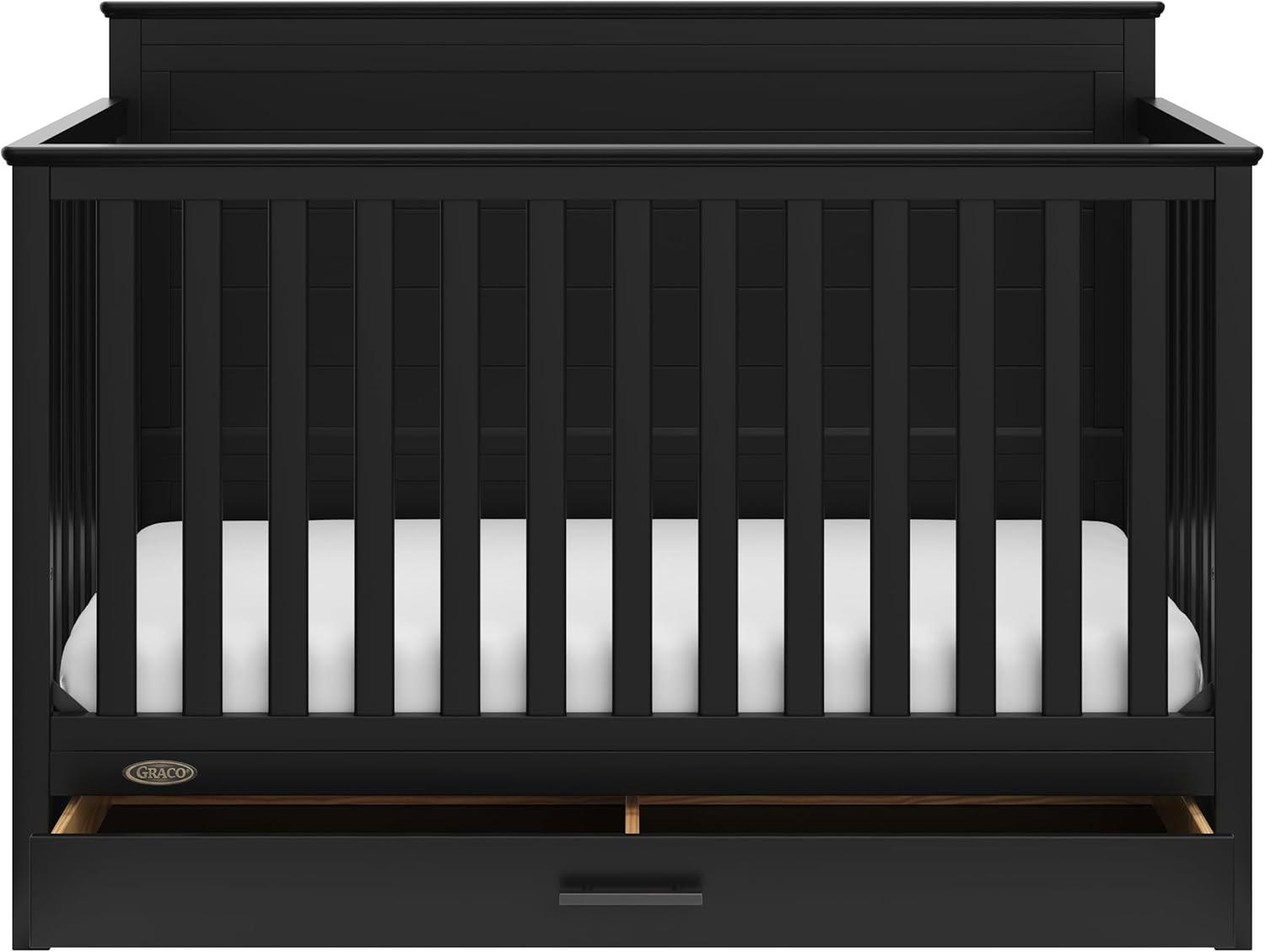 imageGraco Tristan 5in1 Convertible Crib with Drawer Frosted Oat GREENGUARD Gold Certified Fits Standard Crib Mattress Premium Handle Converts to Toddler Bed Daybed and FullSize BedBlack