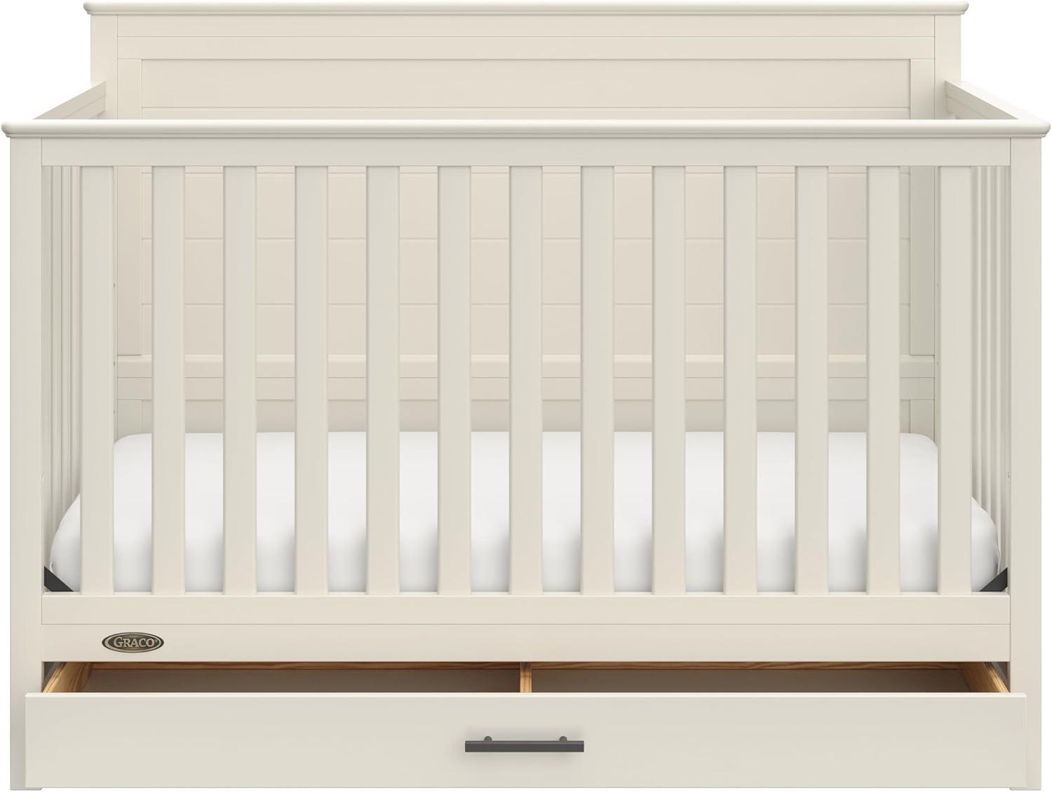 imageGraco Tristan 5in1 Convertible Crib with Drawer Frosted Oat GREENGUARD Gold Certified Fits Standard Crib Mattress Premium Handle Converts to Toddler Bed Daybed and FullSize BedFrosted Oat
