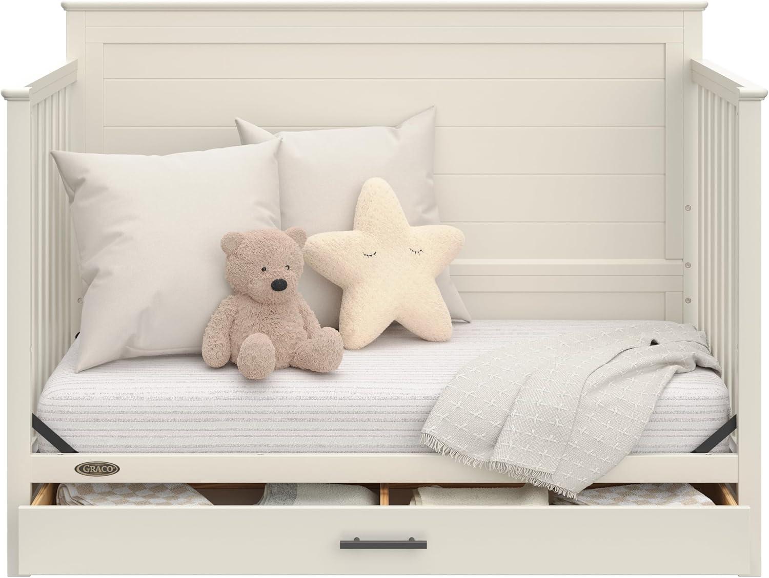 imageGraco Tristan 5in1 Convertible Crib with Drawer Frosted Oat GREENGUARD Gold Certified Fits Standard Crib Mattress Premium Handle Converts to Toddler Bed Daybed and FullSize BedFrosted Oat