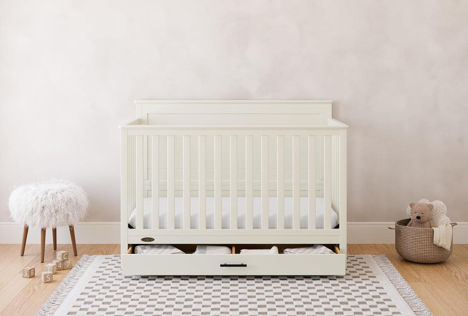 imageGraco Tristan 5in1 Convertible Crib with Drawer Frosted Oat GREENGUARD Gold Certified Fits Standard Crib Mattress Premium Handle Converts to Toddler Bed Daybed and FullSize BedFrosted Oat