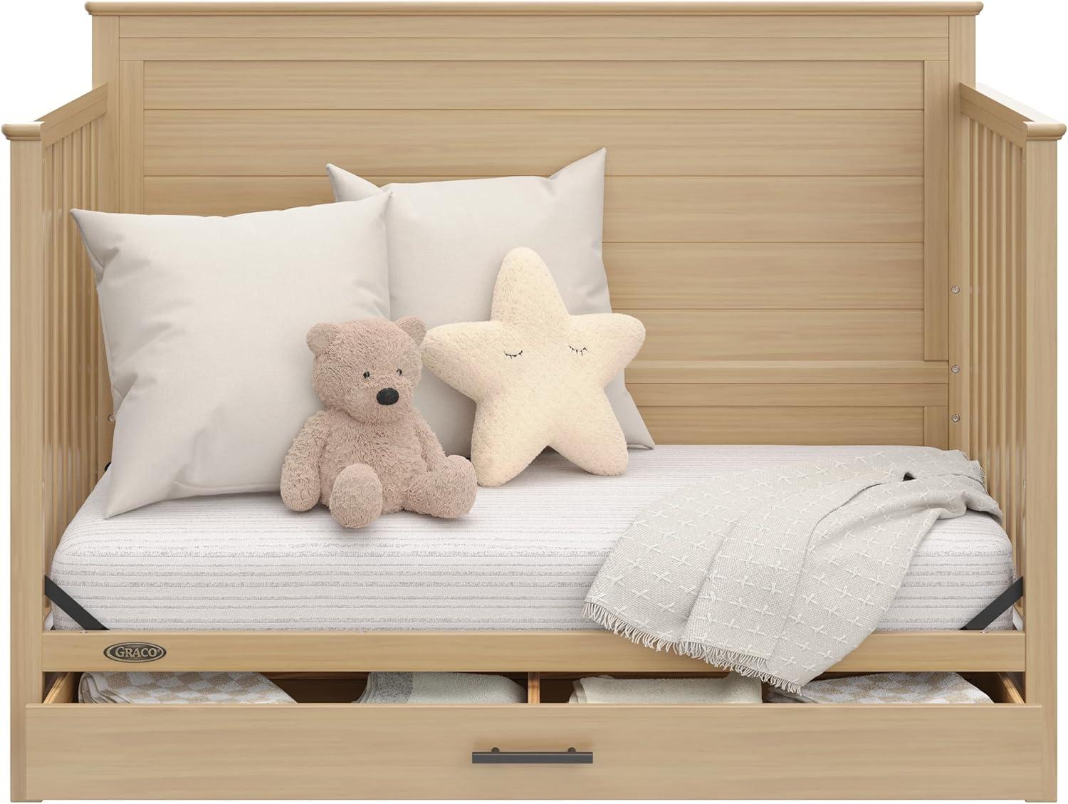 imageGraco Tristan 5in1 Convertible Crib with Drawer Frosted Oat GREENGUARD Gold Certified Fits Standard Crib Mattress Premium Handle Converts to Toddler Bed Daybed and FullSize BedDriftwood