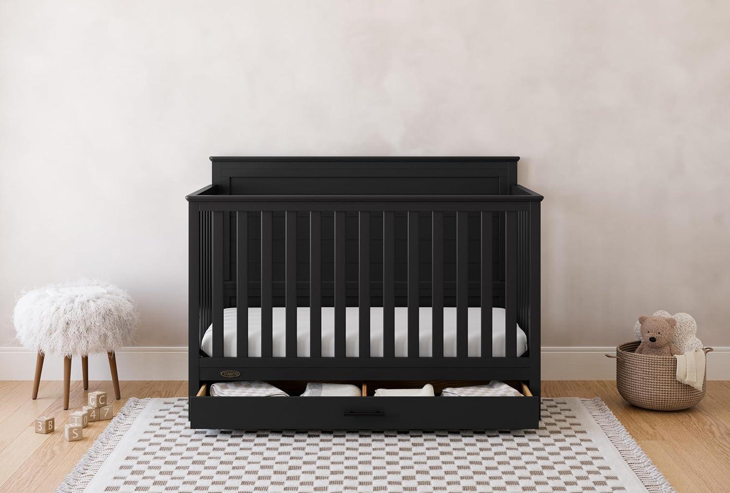 imageGraco Tristan 5in1 Convertible Crib with Drawer Frosted Oat GREENGUARD Gold Certified Fits Standard Crib Mattress Premium Handle Converts to Toddler Bed Daybed and FullSize BedBlack