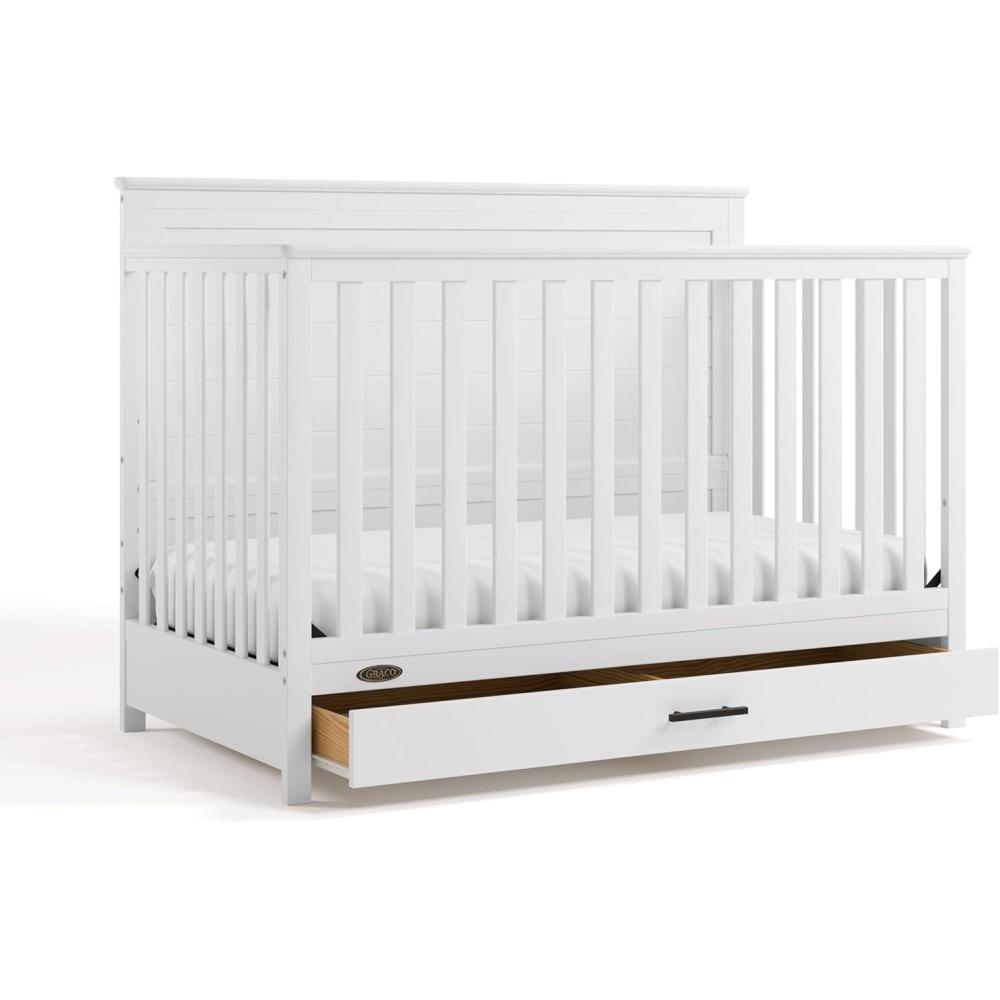 imageGraco Tristan 5in1 Convertible Crib with Drawer Frosted Oat  GREENGUARD Gold Certified Fits Standard Crib Mattress Premium Handle Converts to Toddler Bed Daybed and FullSize BedWhite