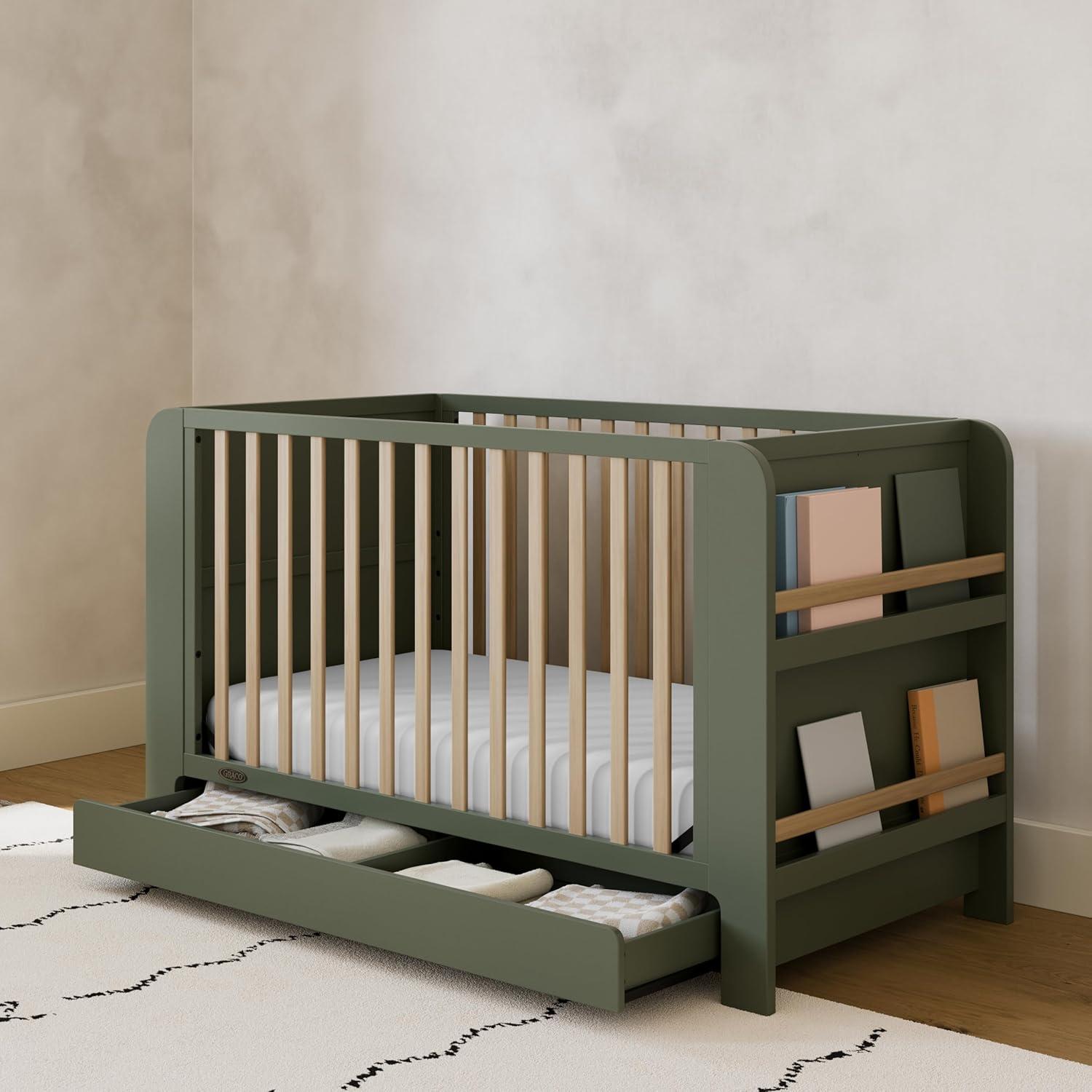 imageGraco ReadwithMe 4in1 Convertible Crib with Drawer Olive with Driftwood GREENGUARD Gold Certified Converts to Toddler Bed Daybed and Functional BookshelvesOlive With Driftwood