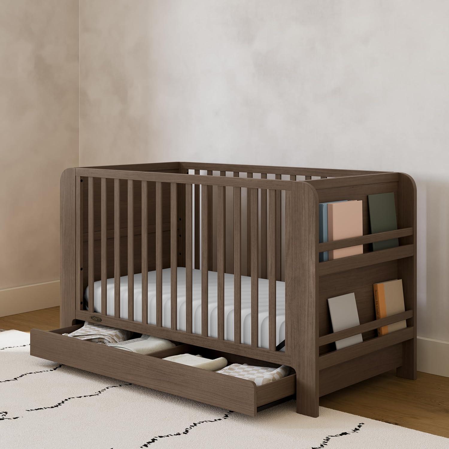 imageGraco ReadwithMe 4in1 Convertible Crib with Drawer Olive with Driftwood GREENGUARD Gold Certified Converts to Toddler Bed Daybed and Functional BookshelvesHazelnut