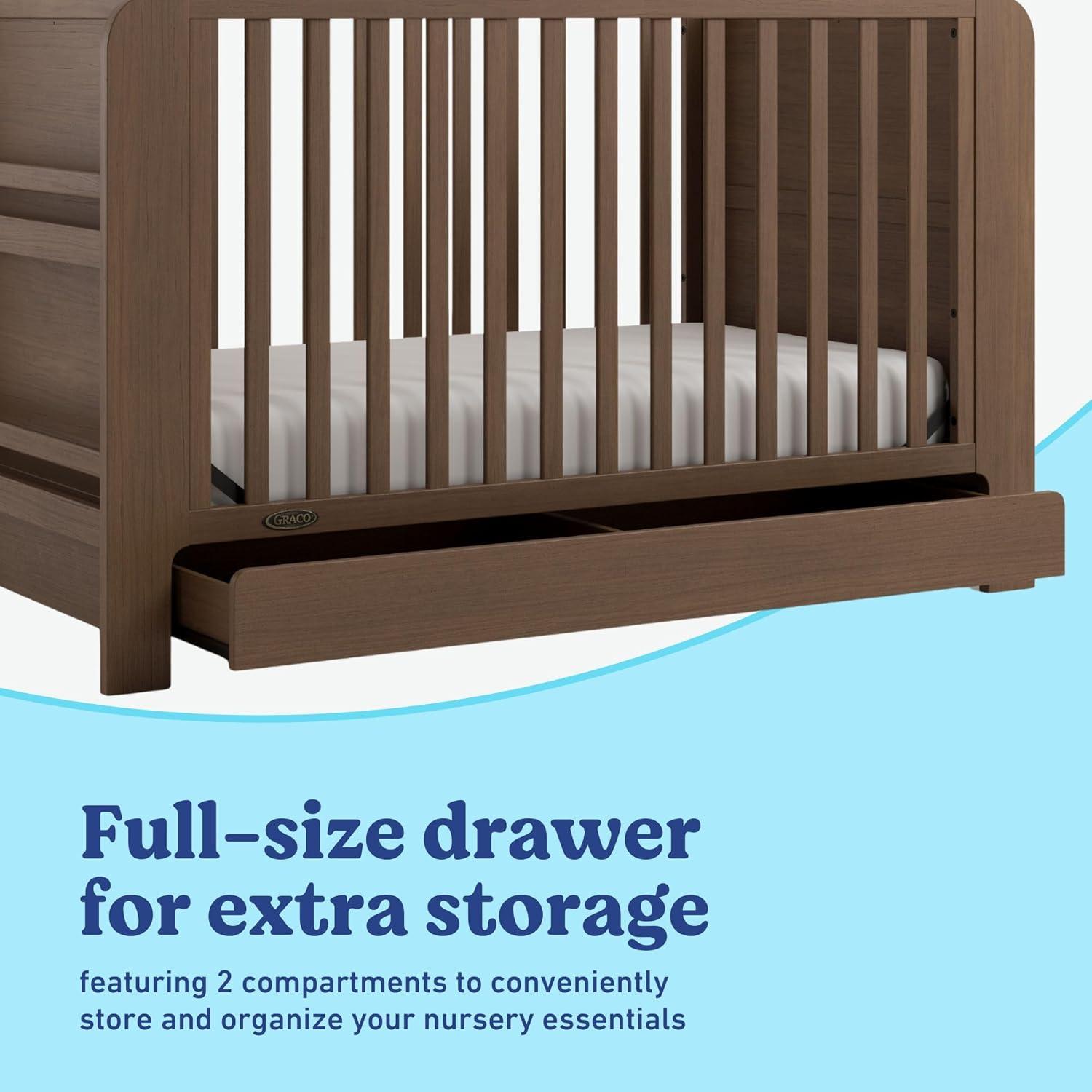 imageGraco ReadwithMe 4in1 Convertible Crib with Drawer Olive with Driftwood GREENGUARD Gold Certified Converts to Toddler Bed Daybed and Functional BookshelvesHazelnut