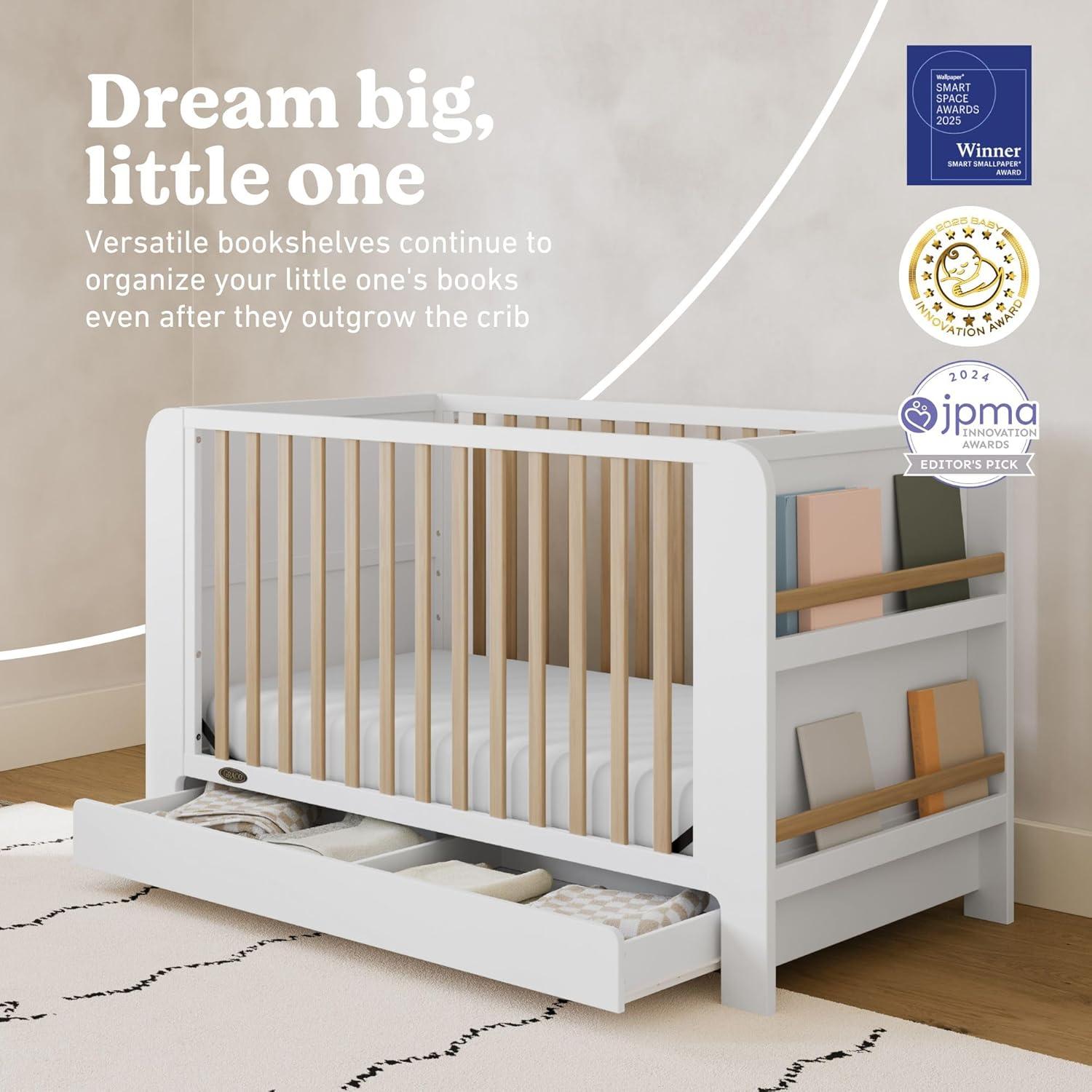 imageGraco ReadwithMe 4in1 Convertible Crib with Drawer Olive with Driftwood GREENGUARD Gold Certified Converts to Toddler Bed Daybed and Functional BookshelvesWhite With Driftwood