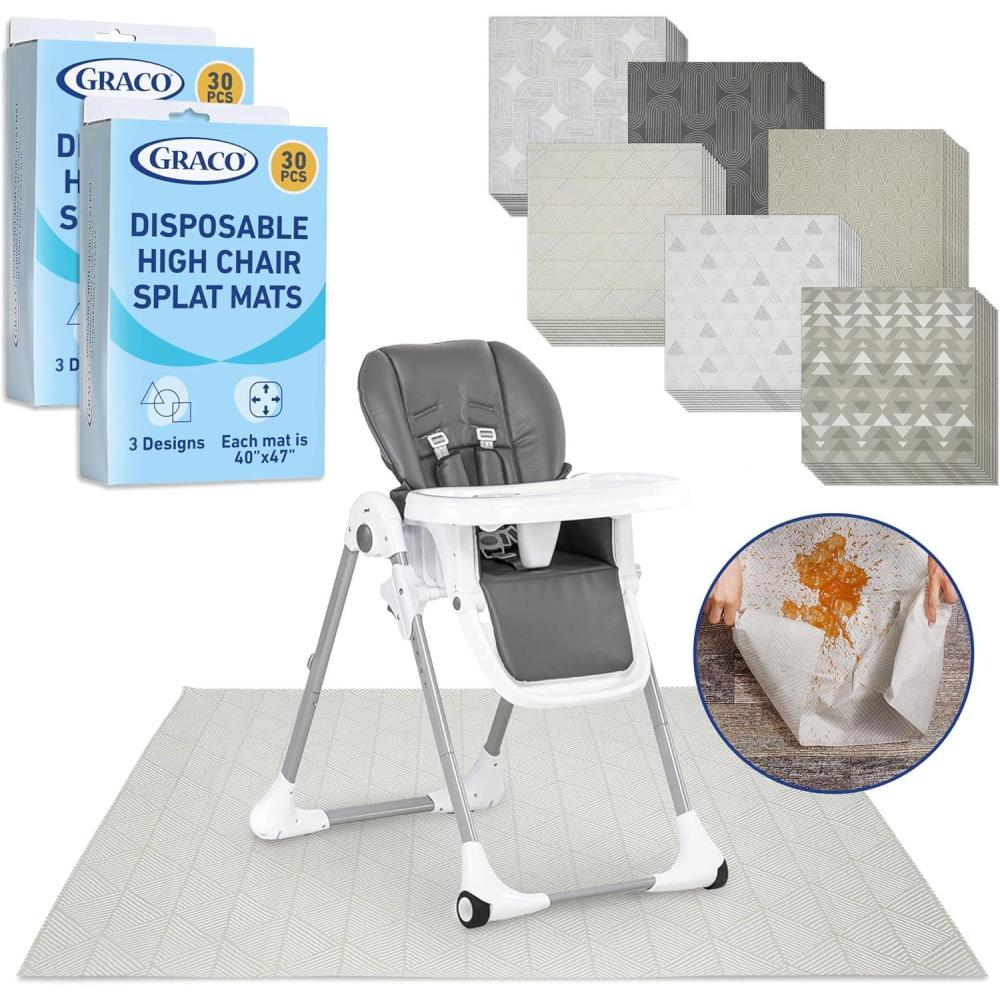 imageGraco Baby Disposable Splat Mats  60 Count 6 Designs 10 of Each 47 x 40 Biodegradable Floor Protector for Mealtime Under High Chair Home amp Restaurant UseDeluxe 60 Pack