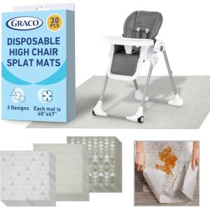 Graco Baby Disposable Splat Mats – 60 Count (6 Designs, 10 of Each), 47″ x 40″, Biodegradable Floor Protector for Mealtime, Under High Chair, Home & Restaurant Use(Port 30 Pack)