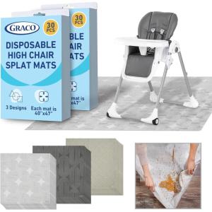 Graco Baby Disposable Splat Mats – 60 Count (6 Designs, 10 of Each), 47″ x 40″, Biodegradable Floor Protector for Mealtime, Under High Chair, Home & Restaurant Use(Hudson 60 Pack)