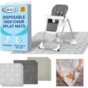 Graco Baby Disposable Splat Mats – 60 Count (6 Designs, 10 of Each), 47″ x 40″, Biodegradable Floor Protector for Mealtime, Under High Chair, Home & Restaurant Use(Hudson 30 Pack)