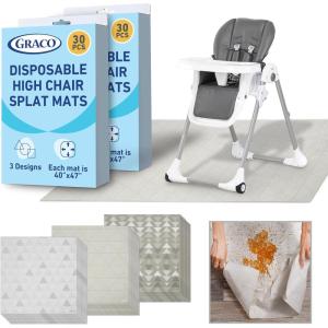Graco Baby Disposable Splat Mats – 60 Count (6 Designs, 10 of Each), 47″ x 40″, Biodegradable Floor Protector for Mealtime, Under High Chair, Home & Restaurant Use(Port 60 Pack)